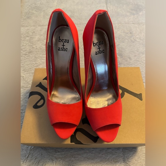 Beau+Ashe Vibrant Coral Platform Peep Toe Wedges with Gradient See-Thru Wedge - Picture 8 of 15